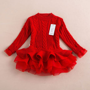 Winter Girls Christmas Dresses Knitted Kids Clothes Warm Red