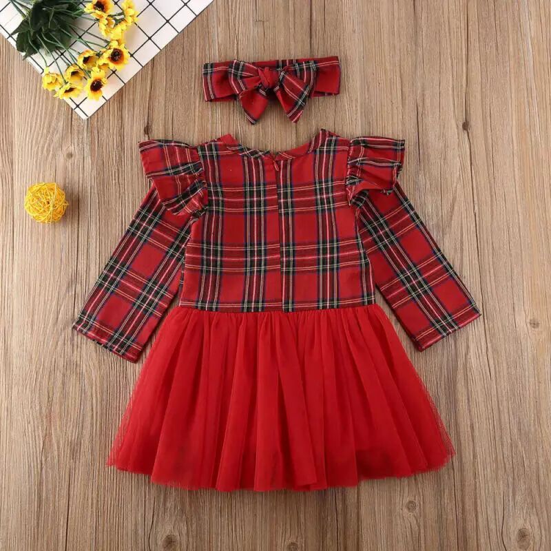 Christmas Toddler Baby Girl Striped Princess Party Tulle Dress Headband Red Stitching Clothing