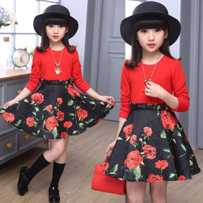 Girls' Long-Sleeved Dresses, Big Kids' Fake Two-Piece Plaid Skirt