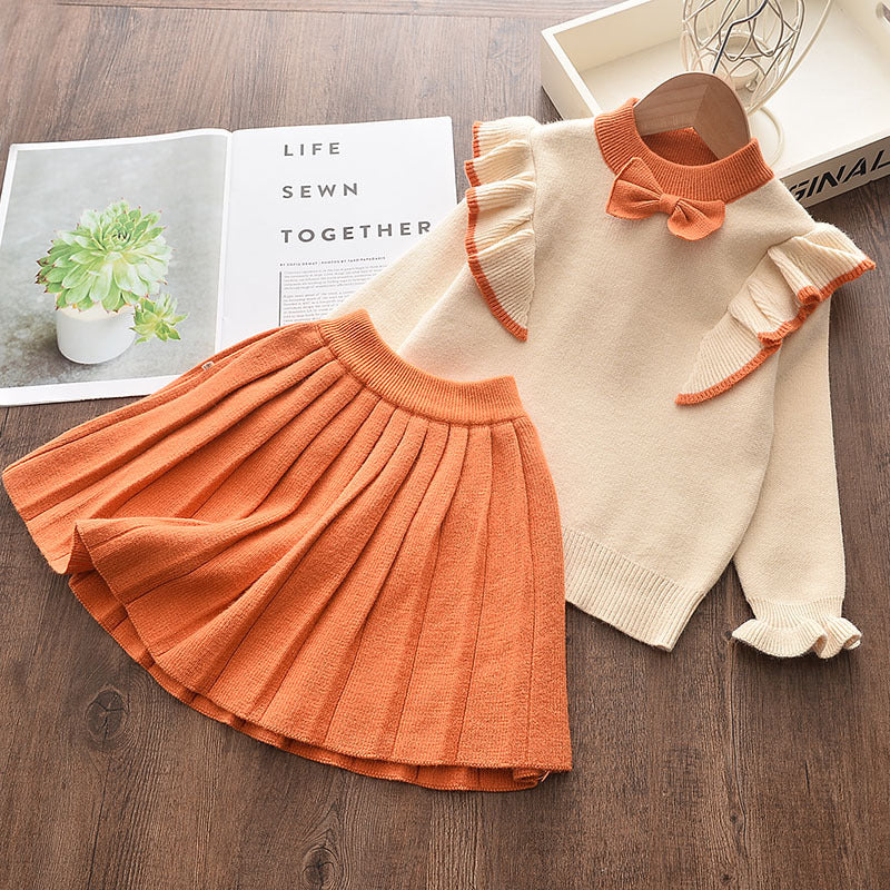 Girls Spring Clothes Set Long Sleeve Sweater Shirt Skirt Bow