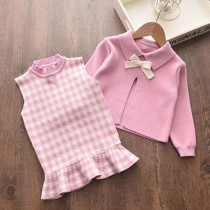 Girls Spring Clothes Set Long Sleeve Sweater Shirt Skirt Bow