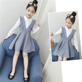 Girls' Long-Sleeved Dresses, Big Kids' Fake Two-Piece Plaid Skirt