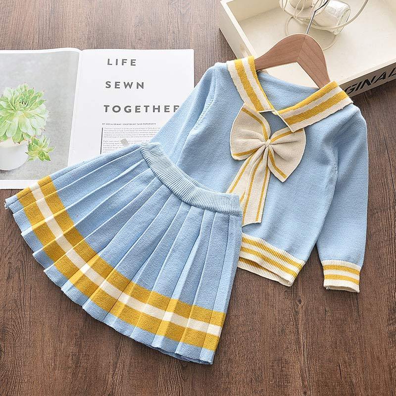 Girls Spring Clothes Set Long Sleeve Sweater Shirt Skirt Bow